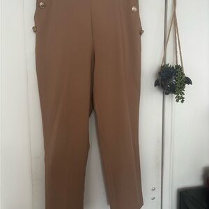 Zara Taupe Straight Leg Pants with Elastic Waist and Gold Buttons in L